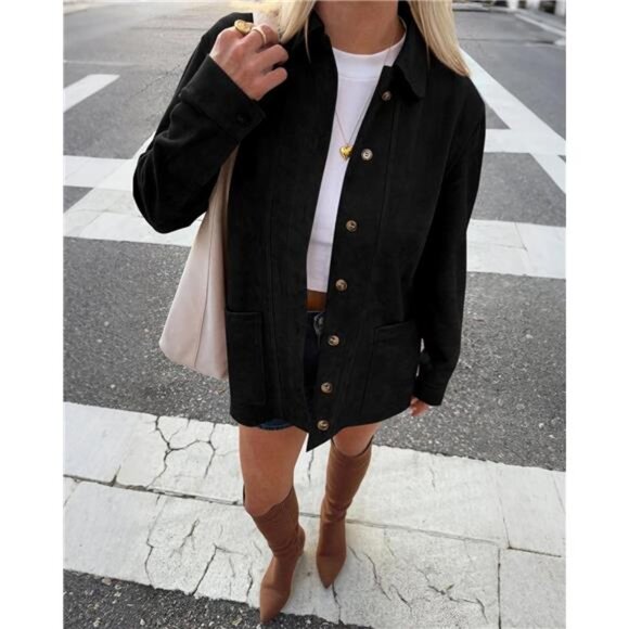 Faux Suede Jacket Button Down Shackets Black - Picture 4 of 6